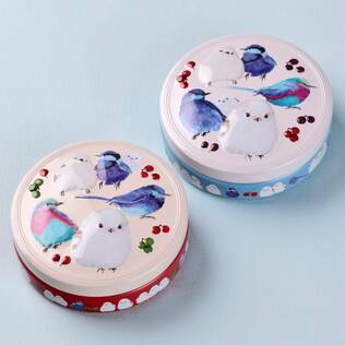 ホリデークッキー缶シマエナガとムシクイ柄　1個【クリスマス】