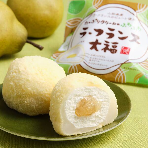 <b>もへじ便「山形」</b><br>ラ・フランスが味わえるスイーツ2種を発売します。大福はふわふわな食感、ジャムはごろごろした果実感をお楽しみください♪